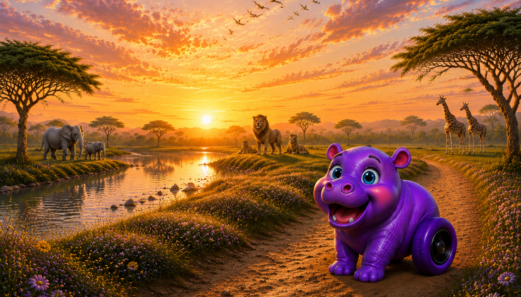 Scootapotamus in a bright savanna landscape
