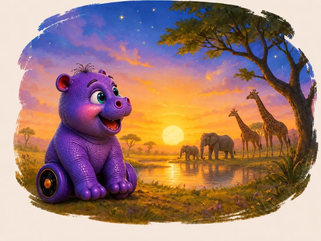 Scootapotamus beside a sunset river with savanna animals