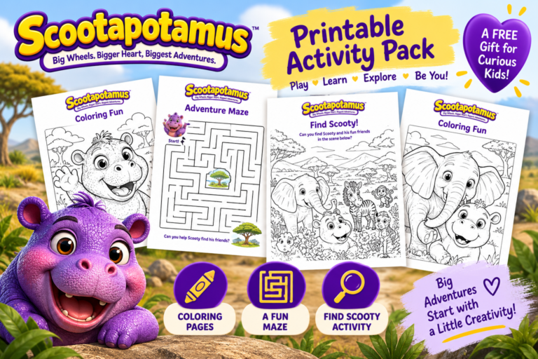Preview of the Scootapotamus printable kids activity pack with coloring pages, a maze, and a Find Scooty activity