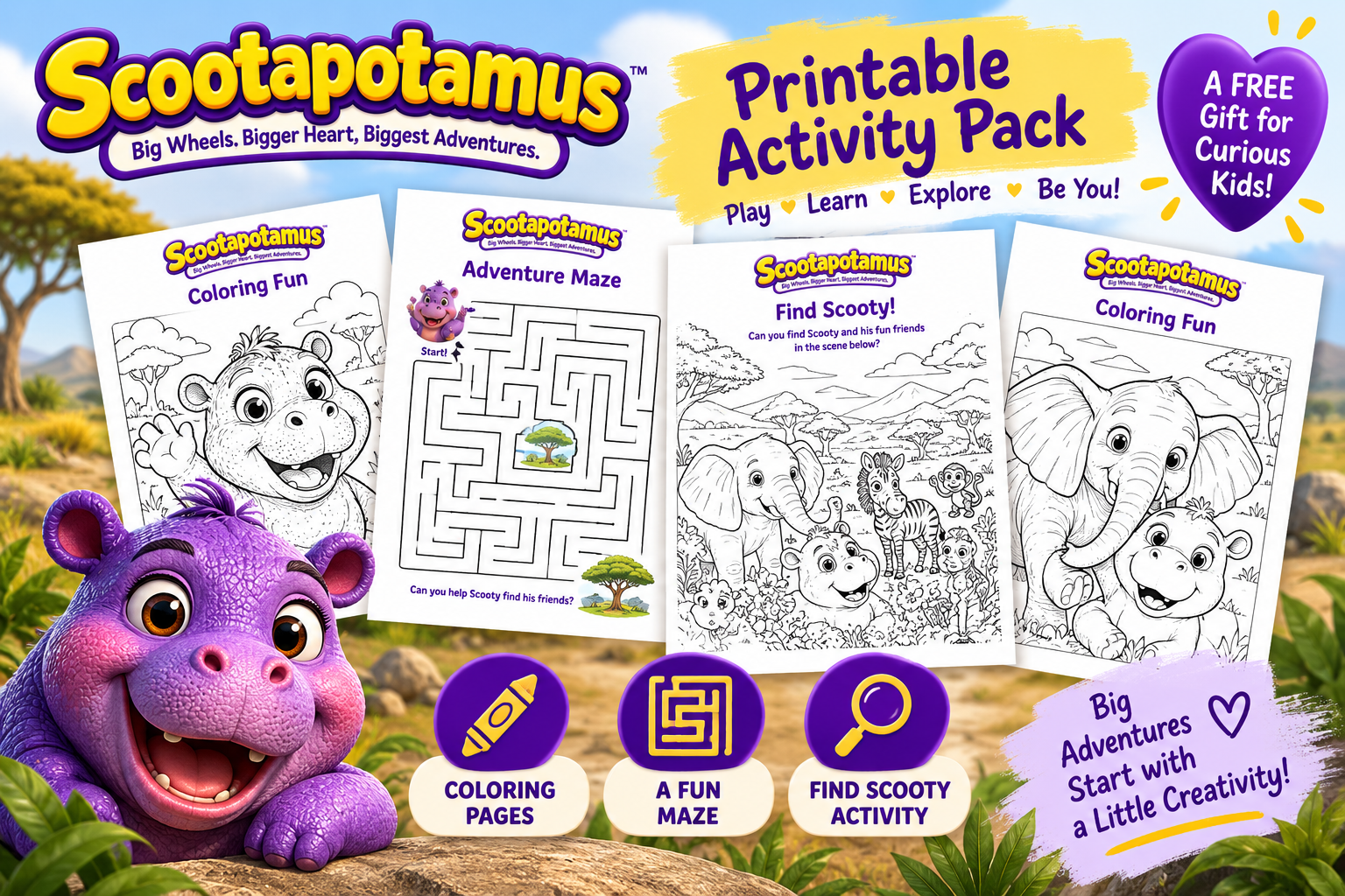Preview of the Scootapotamus printable kids activity pack with coloring pages, a maze, and a Find Scooty activity